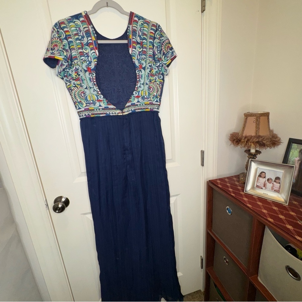 Candela Arabella Dress Navy Embroidered Pleated Open Back - Picture 3 of 16